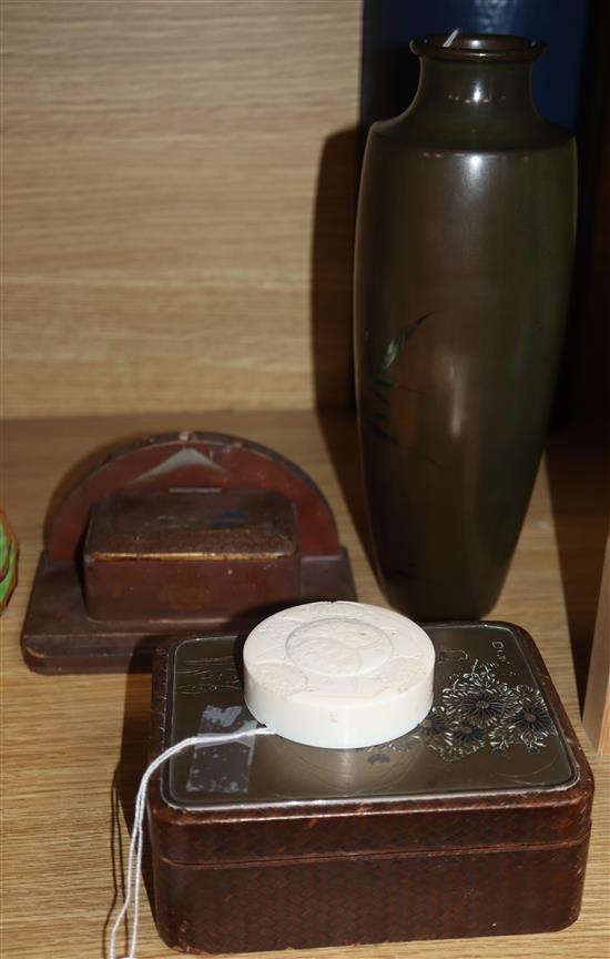 A Japanese bronze and wickerwork box, an ivory cover and a lacquer inkwell